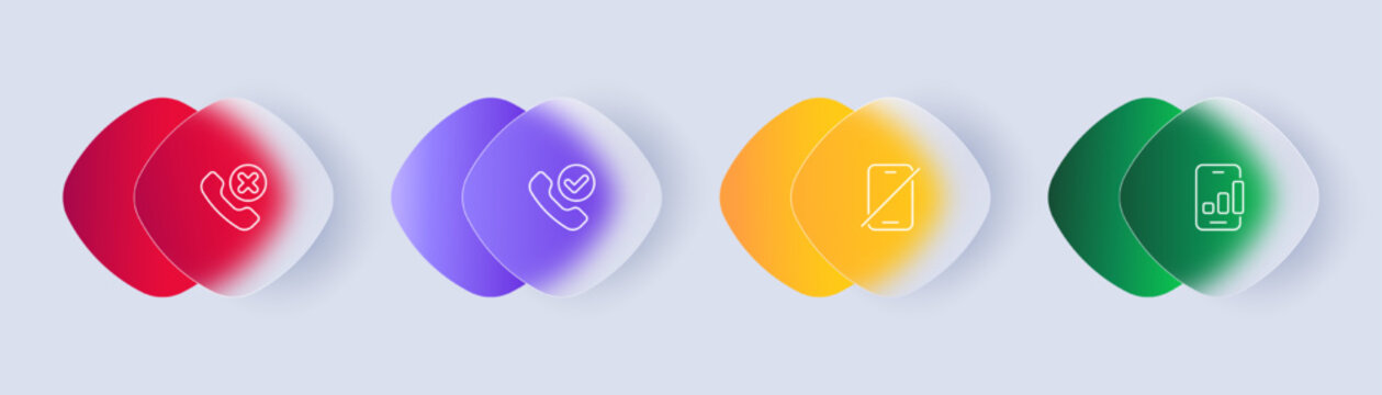 Basic phone functions set icon. Calls, missed, silent mode, internet, connection, network, correspondence. Handset concept. Glassmorphism style. Vector line icon for Business and Advertising