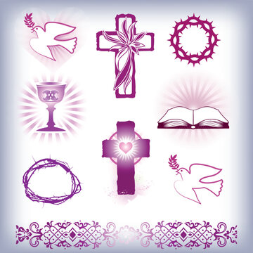 Set of religious signs. Cross with dove, holy spirit, bible. Design elements for emblem, sign, badge. Vector illustration