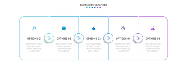 Timeline infographic with infochart. Modern presentation template with 5 spets for business process. Website template on white background for concept modern design. Horizontal layout.