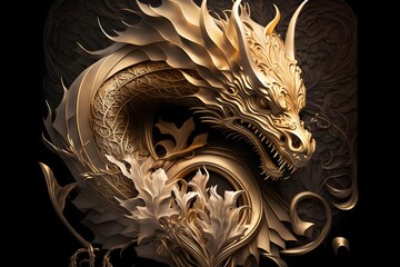 dragon gold carving on the dark background