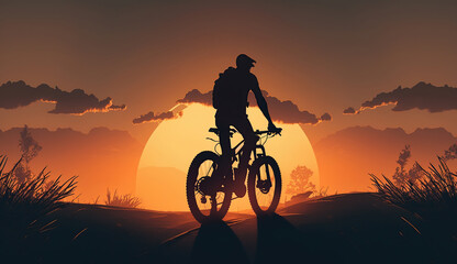 Silhouette men ride bicycle at sunset, Generative Ai