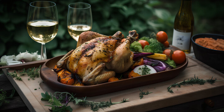 Wooden serving tray of roasted chicken & vegetables, picnic table in a lush garden. Juicy & flavorful, crispy skin & tender meat. Caramelized vegetables herbs seasoning. White wine bottle & glasses.