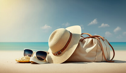 Fototapeta na wymiar Straw hat, bag, sun glasses and flip flops on a tropical beach, Generative Ai