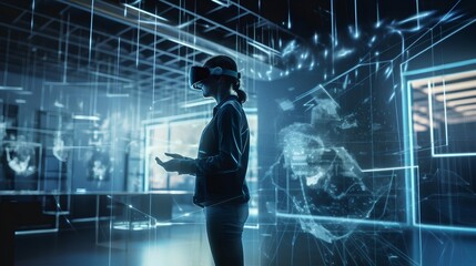 User immersed in augmented reality environment wearing a VR headset, seamlessly blending digital elements with physical world, experiencing innovative gaming and learning opportunities. Generative AI