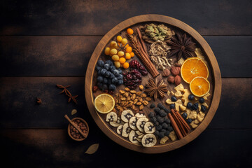 Assorted Nuts and Dry Fruits Served In Wooden Tray | Generative Art 