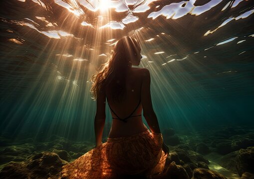 back view. sea godness Iemanj&aacute; underwater photography