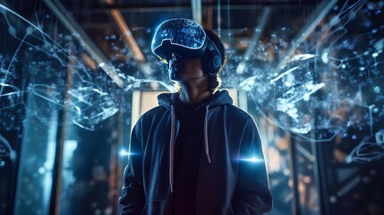 User immersed in augmented reality environment wearing a VR headset, seamlessly blending digital elements with physical world, experiencing innovative gaming and learning opportunities. Generative AI - obrazy, fototapety, plakaty