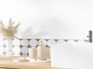 Modern beige bathroom with countertop and white round ceramic washbasin in sunlight from window and shadow on the wall