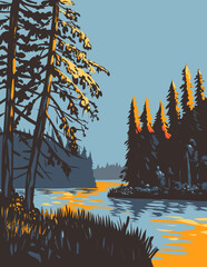 WPA poster art of Lake Waskesiu in Prince Albert National Park at dusk located in Saskatchewan, Canada done in works project administration or federal art project style.
 - 583622169