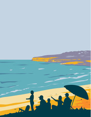 WPA poster art of Cavendish Beach on Prince Edward Island National Park in province of Prince Edward Island fronting the Gulf of St. Lawrence, Canada done in works project administration.

