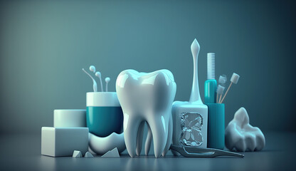 White healthy tooth, different tools for dental care. Blue background, Generative Ai