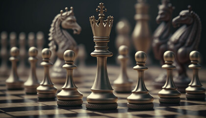 Chess piece on chessboard, competition success and strategy game play, design created with Generative Ai