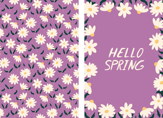 Set of cards with daisy flowers on a purple background. Floral pattern seamless and floral greeting card. Perfect for posters, instagram posts, stickers.