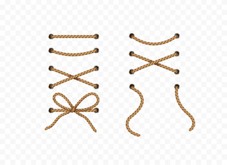 Rope set isolated on transparent background. Vector texture jute, shoe lace or cord with metallic holes. 3d realistic fiber strings.