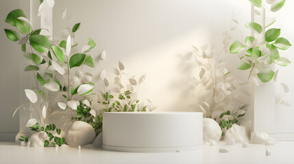 Fototapeta na wymiar Elegant 3D Render of Pristine White Podium for Premium Beauty Skincare Products with Natural Green Leaves Backdrop and Soft Sunlight Shadows