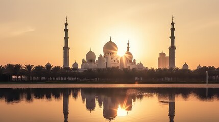 Abu Dhabi, UAE, Sheikh Zayed Grand Mosque in the Abu Dhabi, United Arab Emirates on a sunset view background. Generative AI - obrazy, fototapety, plakaty