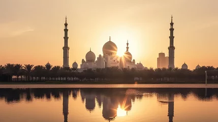 Fototapete Abu Dhabi Abu Dhabi, UAE, Sheikh Zayed Grand Mosque in the Abu Dhabi, United Arab Emirates on a sunset view background. Generative AI
