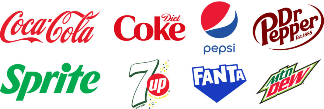 Coca Cola soft drink logo set. Diet Coke, Pepsi, Dr Pepper, Sprite, 7 Up, Fanta, Mountain Dew. Vector editorial illustration