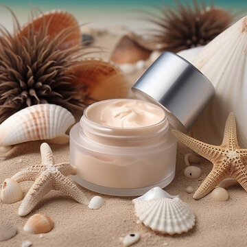 Cosmetic cream on the sand next to starfish, shells and seashells, skinscare, Generative AI