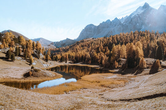 mountain fall autumn with a lake 