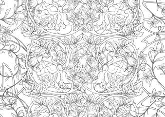 Decorative flowers and leaves in art nouveau style, vintage, old, retro style. Seamless pattern, background. Vector illustration. In art nouveau style, vintage, old, retro style.