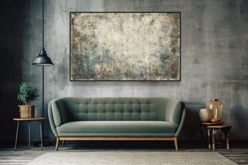 A contemporary room's décor featuring an empty painting. Sofa, a sizable window, a wooden wall, and a floor. clean interior design lines. Generative AI