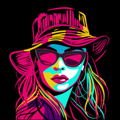 Fashion girl with hat and sunglasses in pop art technique vector illustration 