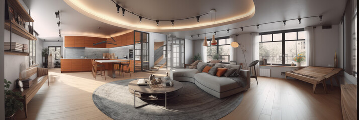 Interior of modern apartment panorama, generative ai