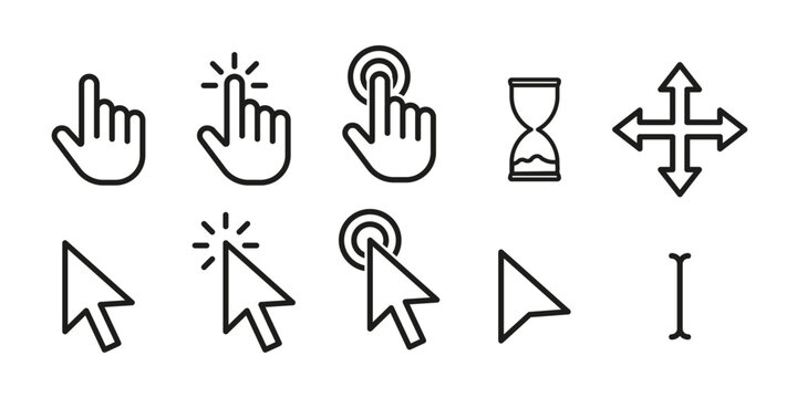 Click set icon. Index finger, brush, tapping, sliding, scrolling, waiting, cursor, arrow, hourglass, typing. Pressing concept. Vector line icon for Business and Advertising