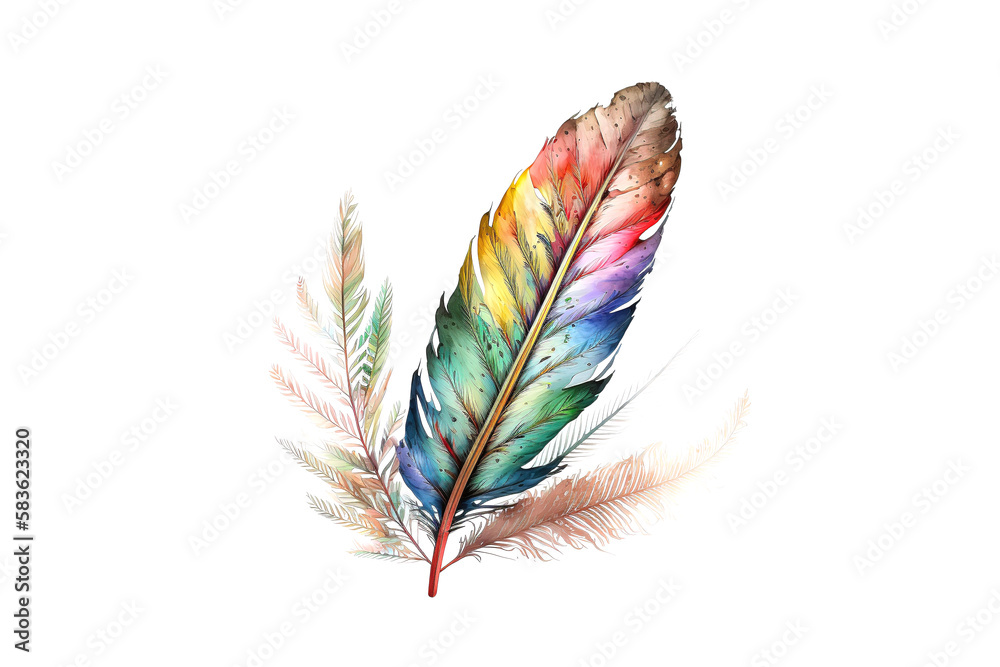 Poster bird feather drawn with multicolored watercolors isolated on white background. generated by ai