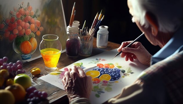 An elderly artist paints a still life with fruit on canvas with watercolor paints in the studio. Active age concept. AI generative