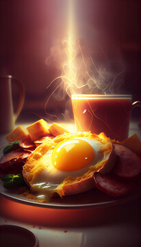 Close up of a delicious brunch with a fried egg and a steaming coffee, accompanied by a lightning bolt of energy. Generative AI illustration.