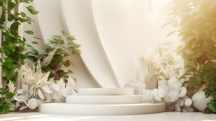 Elegant 3D Render of Pristine White Podium for Premium Beauty Skincare Products with Natural Green Leaves Backdrop and Soft Sunlight Shadows