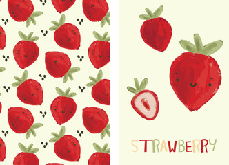 set of illustration and pattern with juicy strawberries in cartoon style. vector illustrations for alphabet, decor, baby clothes,home decor,background,cards and more