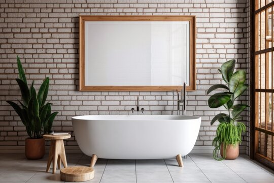 mockup snapshot of a white bathtub in a bathroom with a plant pot and a wooden frame on a brick wall, with comfortable furniture on the floor. Generative AI