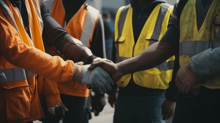 Group of workers join hands together in the factory, teamwork concept. Generative AI