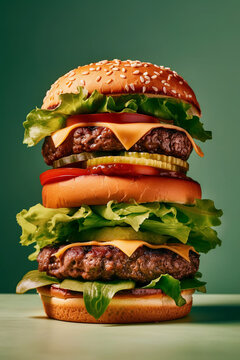 Giant Overfilled Hamburger, Isolated On Green Background, Created With Generative Ai