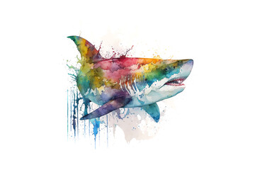 shark is drawn with multi-colored watercolors isolated on a white background. Generated by AI