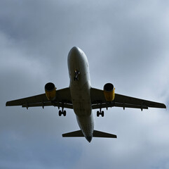 Fondo con detalle de avion en vuelo, con cielo nublado de fondo