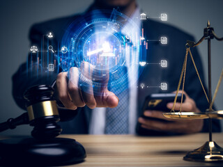 Justice lawyers with Judge gavel, Businessman in suit or lawyer Hiring lawyers in the digital system. Legal law, prosecution, legal adviser, lawsuit, detective, investigation,legal consultant...