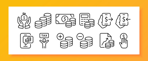 Money set icon. Bag of gold, dollar, banknote, calculator, cash drawer, tax, career, salary, advertising, business. Shopping concept. Vector line icon for Business and Advertising