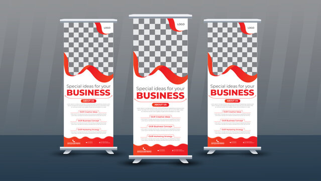 Corporate Business Roll Up Banner stand vector creative design. Sale banner stand or flag design layout. Modern Exhibition Advertising vector eps cc.