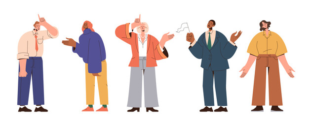 Young unhappy people gesturing loser hand sign standing in row isolated on white background