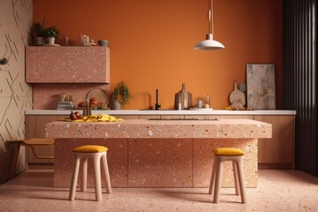 Terrazzo countertops and decorations in an orange kitchen. mock up for an illustration. Generative AI