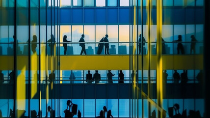 Glass tower office block in yellow and blue