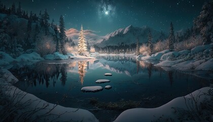 Night vast winter landscape art,  valley with green pines,pond or lake, floating lights all around, nebula sky, wide angle lens, fine ultra-detailed. Generative AI illustration.