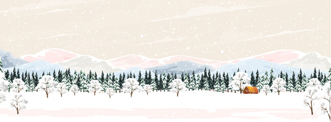 Winter forest landscape with Wood Barn,Fir Trees and Pines in Snowy day.Vector cartoon horizon coniferous forest with snow falling at night,Backdrop background banner for Christmas,New Year Decoration © Anchalee