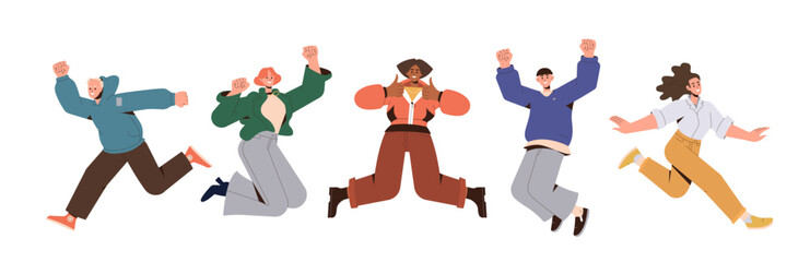 Happy joyful people characters jumping and having fun, rejoicing and celebrating success