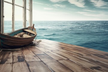 Wooden floor with a boat moving through the water in the backdrop, suitable for advertising. Generative AI