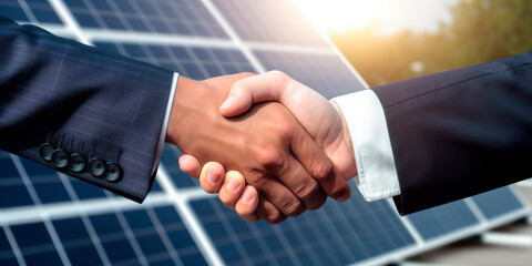 Obraz premium a handshake between two business executives on photovoltaic plant background, deal in the renewable energy industry. commitment to sustainable development, Generative AI